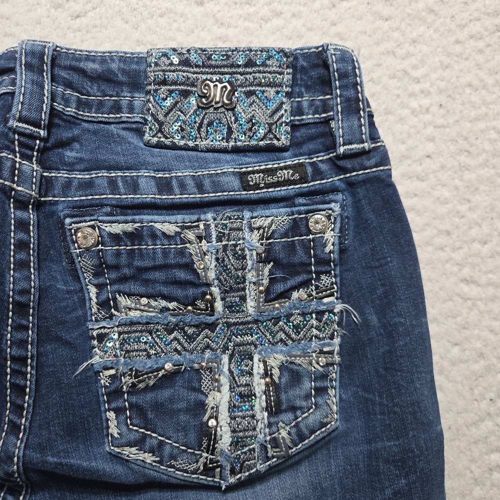 Miss Me Mid Rise Skinny Jeans Dark Wash Embroidered Rhinestone Size 30